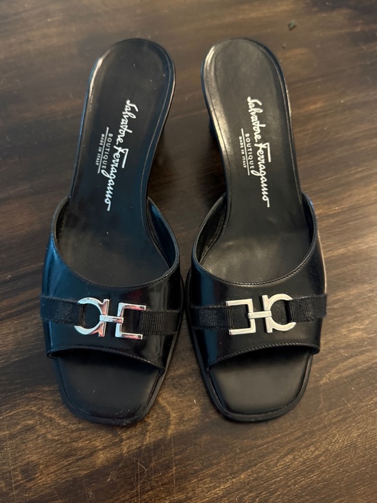 Salvatore Ferragamo Shoes - Salvatore Ferragamo Black Patent Leather Slide Mules with Silver Logo